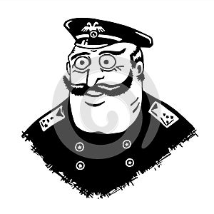 Police Commissioner. Man in uniform and epaulets. Honest man in law. Mustachioed man with bulging eyes. Comic character.