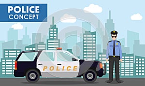 Police concept. Detailed illustration of policeman on background with police car and cityscape in flat style. Vector