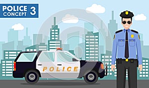 Police concept. Detailed illustration of policeman on background with police car and cityscape in flat style. Vector