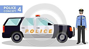 Police concept. Detailed illustration of policeman and car in flat style on white background. Vector illustration.