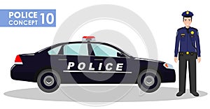 Police concept. Detailed illustration of policeman and car in flat style on white background. Vector illustration.