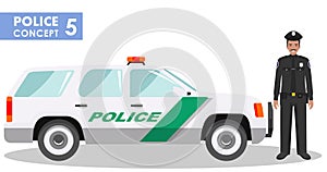 Police concept. Detailed illustration of policeman and car in flat style on white background. Vector illustration.