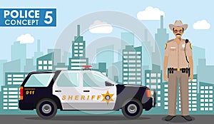 Police concept. Detailed illustration of policeman, sheriff on background with police car and cityscape in flat style. Vector