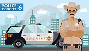 Police concept. Detailed illustration of policeman, sheriff on background with police car and cityscape in flat style. Vector