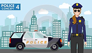 Police concept. Detailed illustration of policewoman on background with police car and cityscape in flat style. Vector