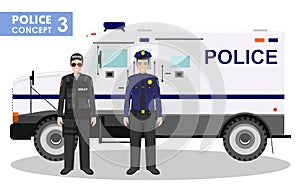 Police concept. Detailed illustration of SWAT officer, policeman and armored car in flat style on white background