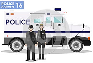 Police concept. Detailed illustration of SWAT officer, policeman, policewoman and armored car in flat style on white