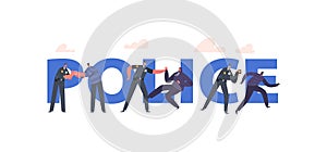 Police Concept, Officer Characters Catching Pickpocket Thief And Robber In Mask. Policemen On Duty, City Patrol