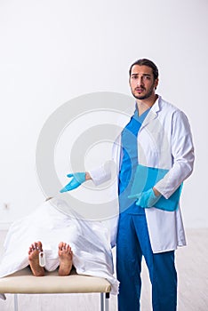 Police coroner examining dead body corpse in morgue