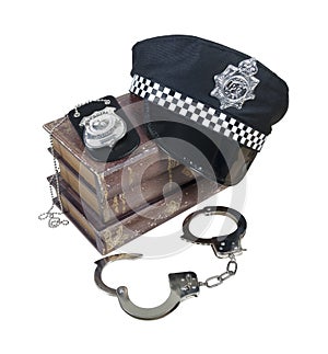 Police and Crime Books with Police Hat, Badge and Handcuffs