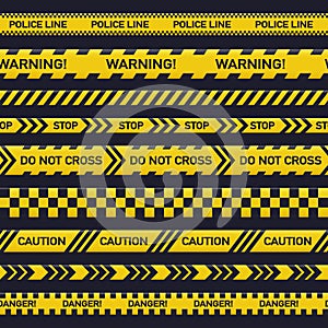 Police crime line, yellow warning tape. Security danger tapes, caution, do not cross ribbons flat vector illustration set. Police