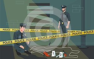 Police crime scene. Criminal murder investigation of detective officers, victim corpse traced with chalk, policemen with dog at
