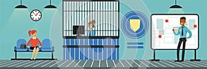 Police department interior with receptionist, policeman and visitor vector Illustration in flat style