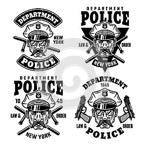 Police department set of vector emblems, badges, labels or t-shirt prints with policeman in hat isolated on white