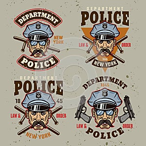 Police department set of vintage emblems, labels, badges or logos with policeman in hat. Vector illustration in colorful