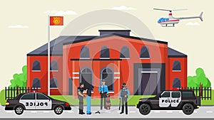 Police detention criminal, militia arrest offender flat vector illustration. Police department force vehicle and truck photo