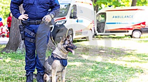 Police dog K9 canine German shepherd with policeman in uniform on duty