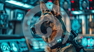 A police dog wearing a special collar that can automatically detect and alert its handler to any suious activities photo