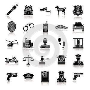 Police drop shadow black glyph icons set