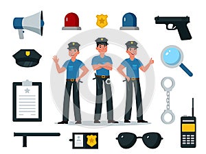 Police equipment. Police officer characters in uniform with professional equipments, badge, handcuffs and walkie-talkie