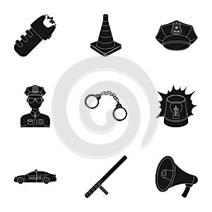 Police equipment, police, prisoners, protection of citizens.Police icon in set collection on black style vector symbol