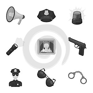 Police equipment, police, prisoners, protection of citizens.Police icon in set collection on monochrome style vector