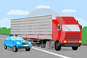 Police Escort and Trailer Flat Vector Illustration