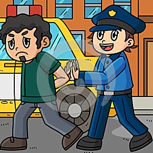 Police Escorting Criminal into Car Colored Cartoon