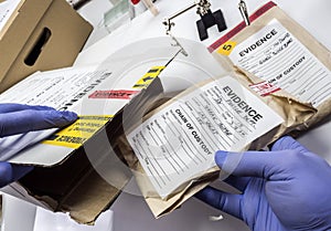 Police expert saved in a box records and evidence of a case of murder in the laboratory scientist photo