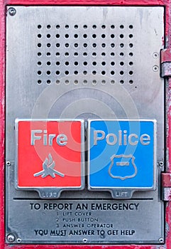 Police and Fire Department call box, alarm box, Gamewell box, close-up, Manhattan, New York City, NY