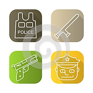 Police flat linear long shadow icons set.