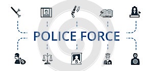 Police Force icon set. Contains editable icons theme such as justice, wanted, referee and more.