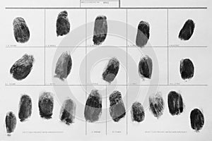 Police form with fingerprints, top view