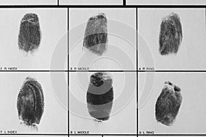 Police form with fingerprints, top view.