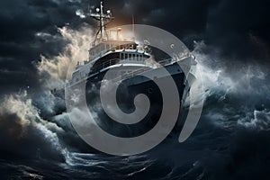 Police guard boat in stormy night sea and waves