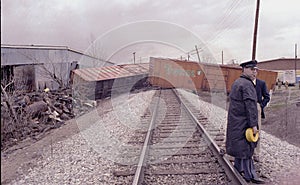 Police guard a train derailment in Bladesburg, Maryland