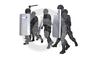 Police guards marching and attacking on demonstration isolated on white background - military 3D Illustration, protest stopping