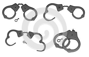 Police handcuffs with a key. Open and closed. 3d rendering illustration isolated