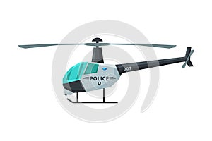 Police Helicopter, Emergency Transport, Side View Flat Vector Illustration