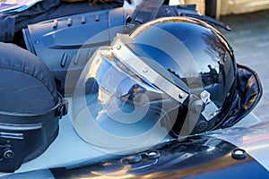 Police helmet, selective focus. Ammunition for the police or a special squad. Equipment for a special operation