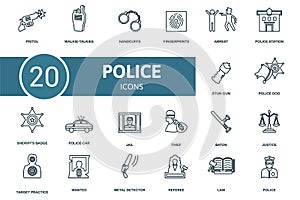 Police icon set. Collection of simple elements such as the pistol, walkie-talkies, handcuffs, police dog, sheriff's