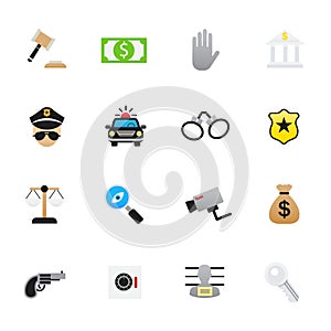 Police Icons. Set of Law and Justice Vector Illustration Color Icons Flat Style.