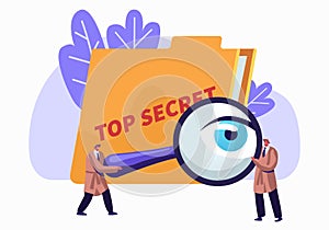 Police, Intelligence Service, Spies, Watchers Searching for Top Secret Files with Magnifier Glass. Police Private Detectives