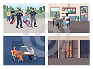 Police investigation flat color vector illustration set