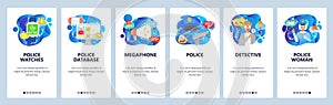 Police investigation, policewoman, police database, detective officer. Mobile app onboarding screens. Menu vector banner