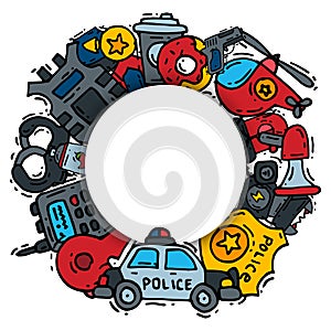 Police justice symbol icons round vector set illustration. Collection of on-duty policemen signs, symbols of policing