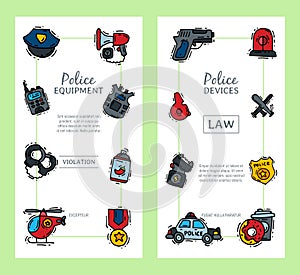 Police justice symbol icons vertical banner vector illustration. Collection of on-duty policemen signs, symbols of