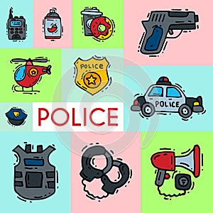 Police and justness symbol icons banner vector illustration. Collection of on-duty policemen signs, symbols of policing