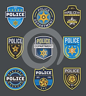 Police labels. Policeman law enforcement badges. Sheriff, marshal and ranger logo, police star medallions, security