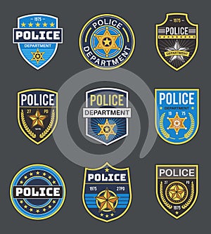 Police labels. Policeman law enforcement badges. Sheriff, marshal and ranger logo, police star medallions, security photo